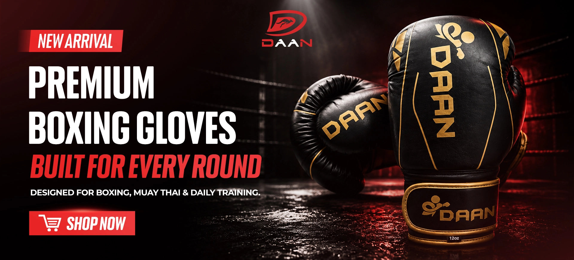 DAAN premium black and gold boxing gloves displayed in a dark boxing ring banner for boxing and Muay Thai training.