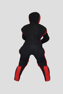 Black and red wetsuit on a light gray background