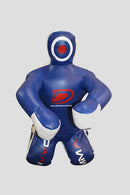 Blue and white figure with a logo on a gray background