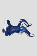 Blue and white inflatable training dummy on a light gray background