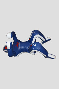 Blue and white inflatable training dummy on a light gray background