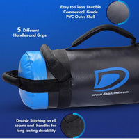 Black and blue bag with features highlighted on a blue background