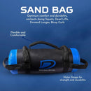 Black and blue sand bag with text on a blue background