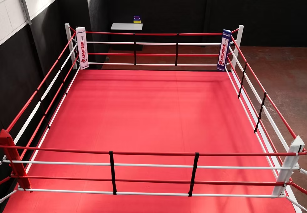 Red boxing ring with black ropes in a gym setting