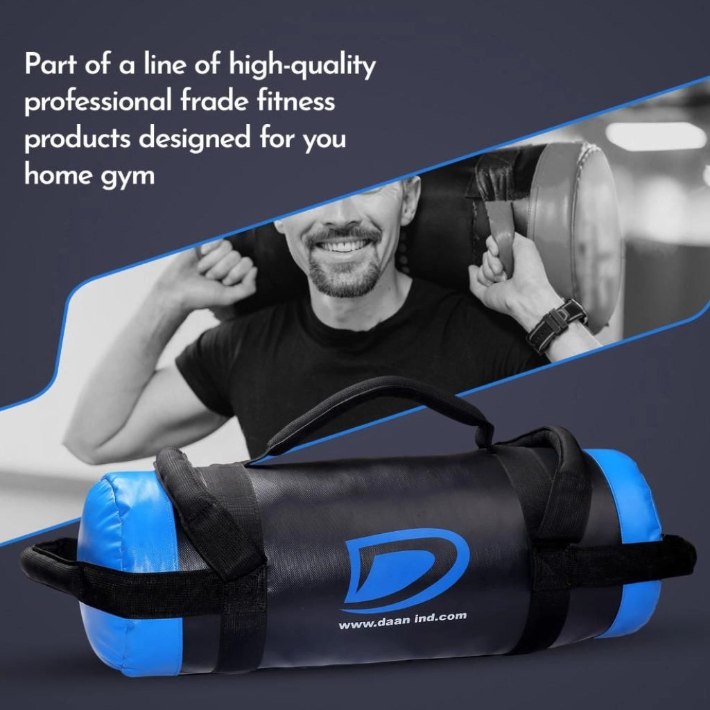 Blue and black fitness sand bag with a man lifting weights in the background, featuring the Daan Ind logo.