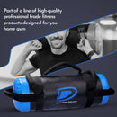 Blue and black fitness sand bag with a man lifting weights in the background, featuring the Daan Ind logo.