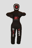 Black MMA training dummy with logos on a gray background
