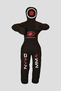 Black MMA training dummy with logos on a gray background