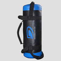 Black and blue sand bag with a strap on a light gray background