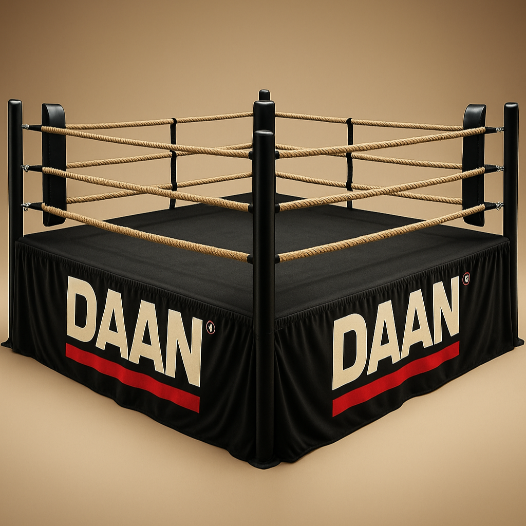 Boxing ring with black ropes and 'DAAN' branding on a beige background