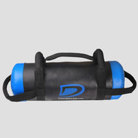 Black and blue fitness sand bag with a brand logo on a light gray background
