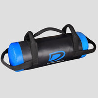 Black and blue sand bag with a logo on a gray background