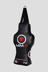 Black MMA training bag with red and white logo on a gray background