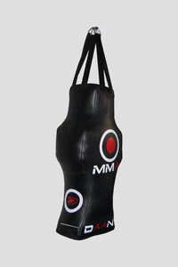 Black punching bag with visible branding on a gray background