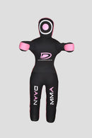 Black and pink MMA training dummy with visible branding on a gray background