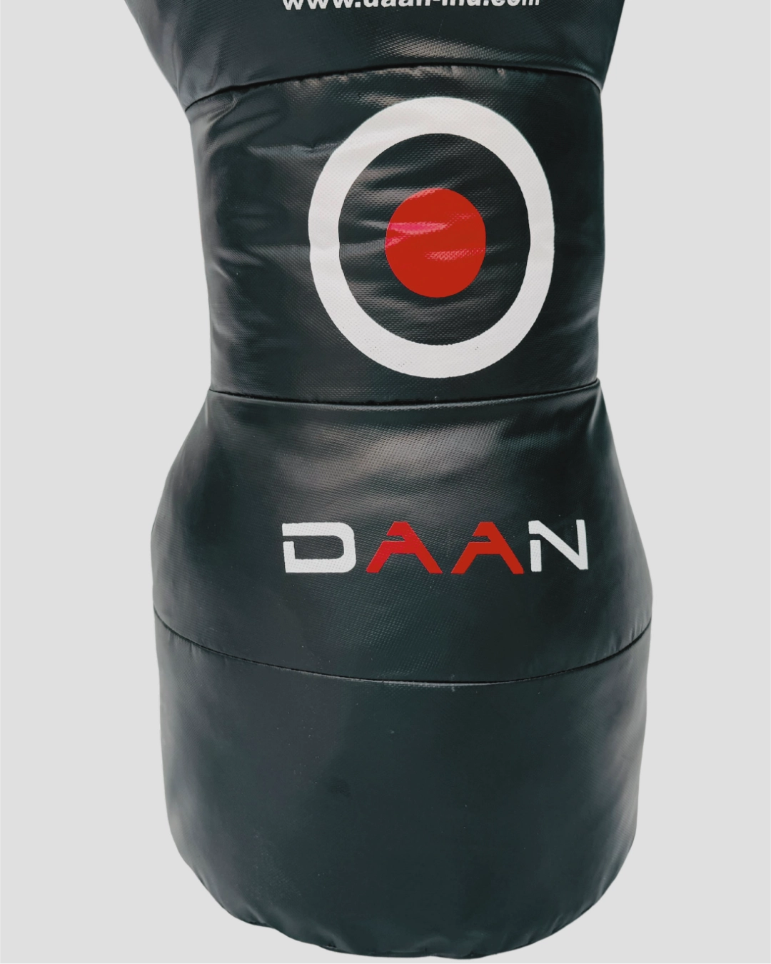 Black sandbag with red and white logo on a gray background