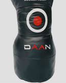 Black sandbag with red and white logo on a gray background