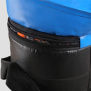 Close-up of a blue and black bag with a zipper on a light gray background