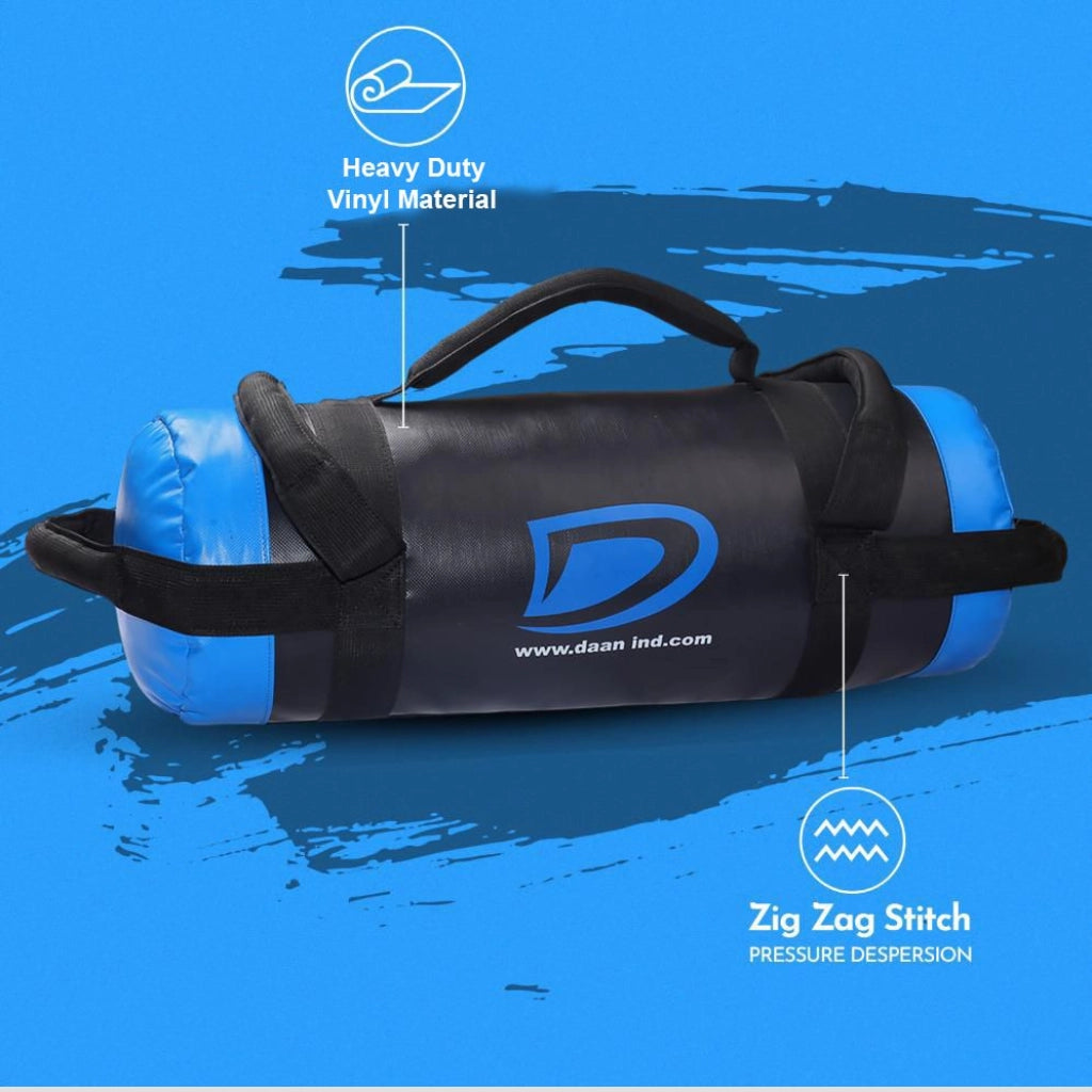 Blue and black roll-up bag with features highlighted on a blue background