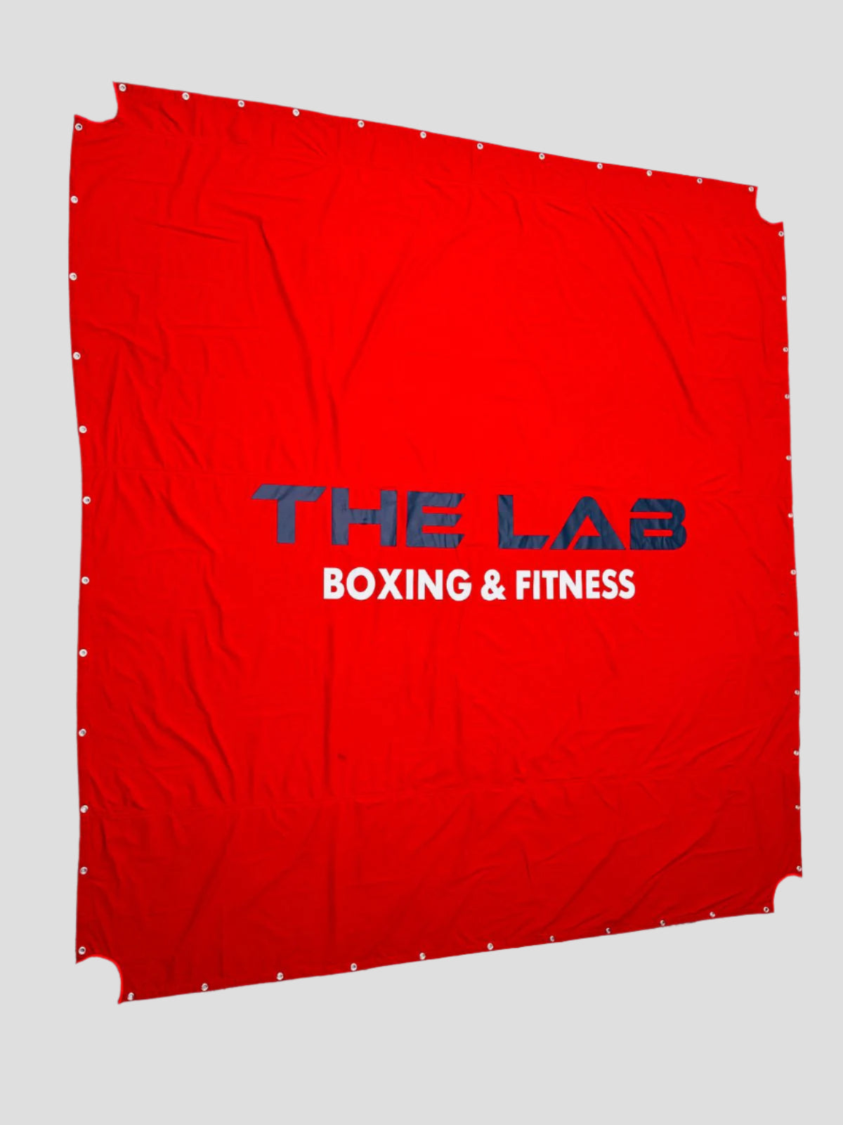 Red mat with 'The Lab Boxing & Fitness' text on a gray floor.
