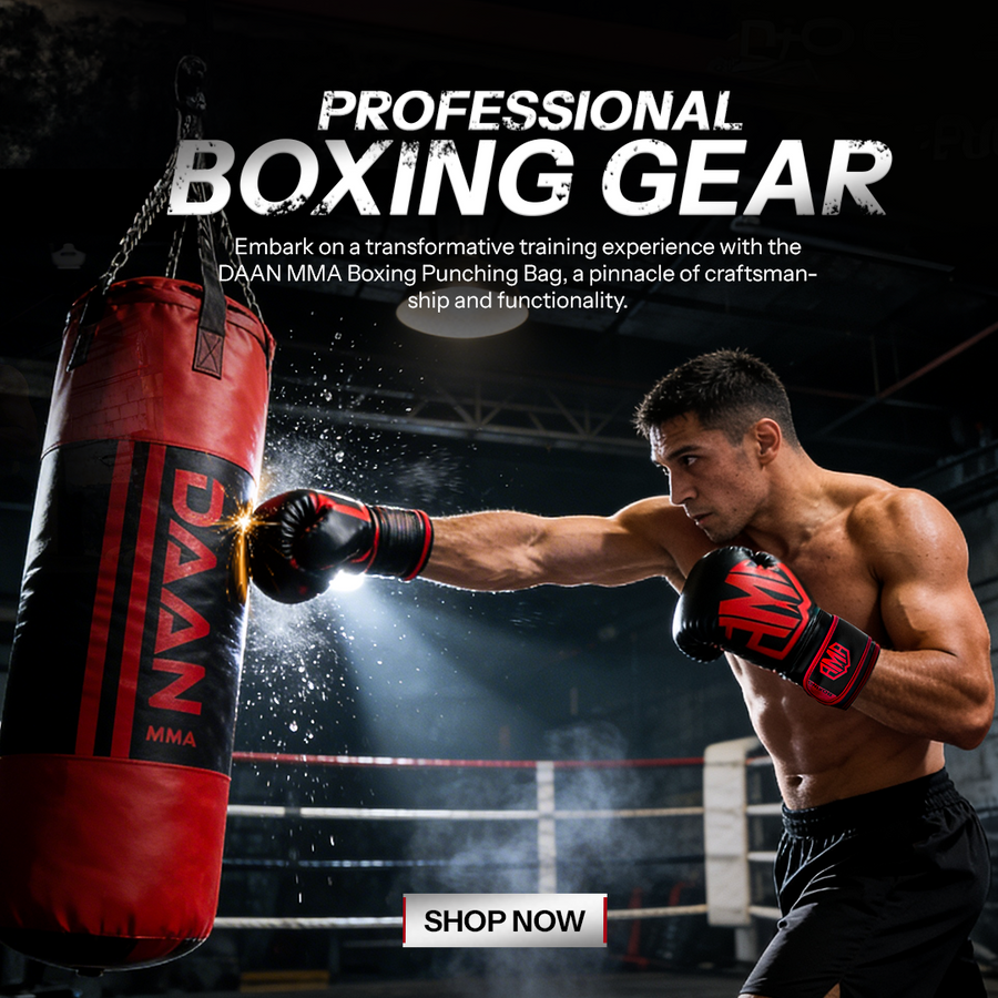 Boxer in action with a DAAN MMA punching bag in a boxing ring, promotional text for professional boxing gear.
