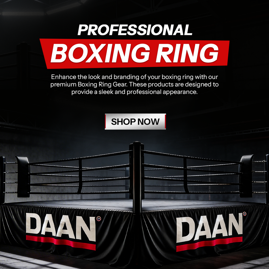 Professional boxing ring with DAAN branding on a dark background