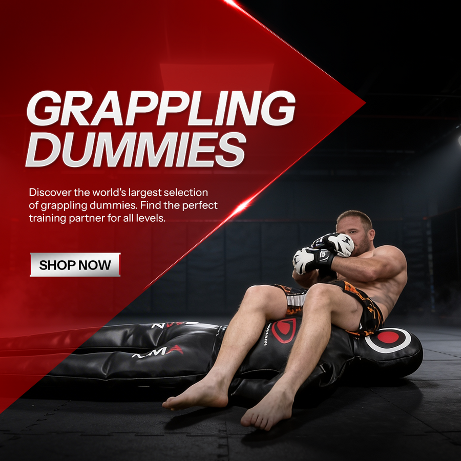Person on a grappling dummy with promotional text for grappling dummies.