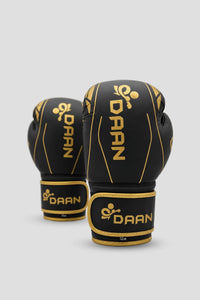 Front view of premium black and gold DAAN boxing gloves designed for boxing, pad work and regular training.