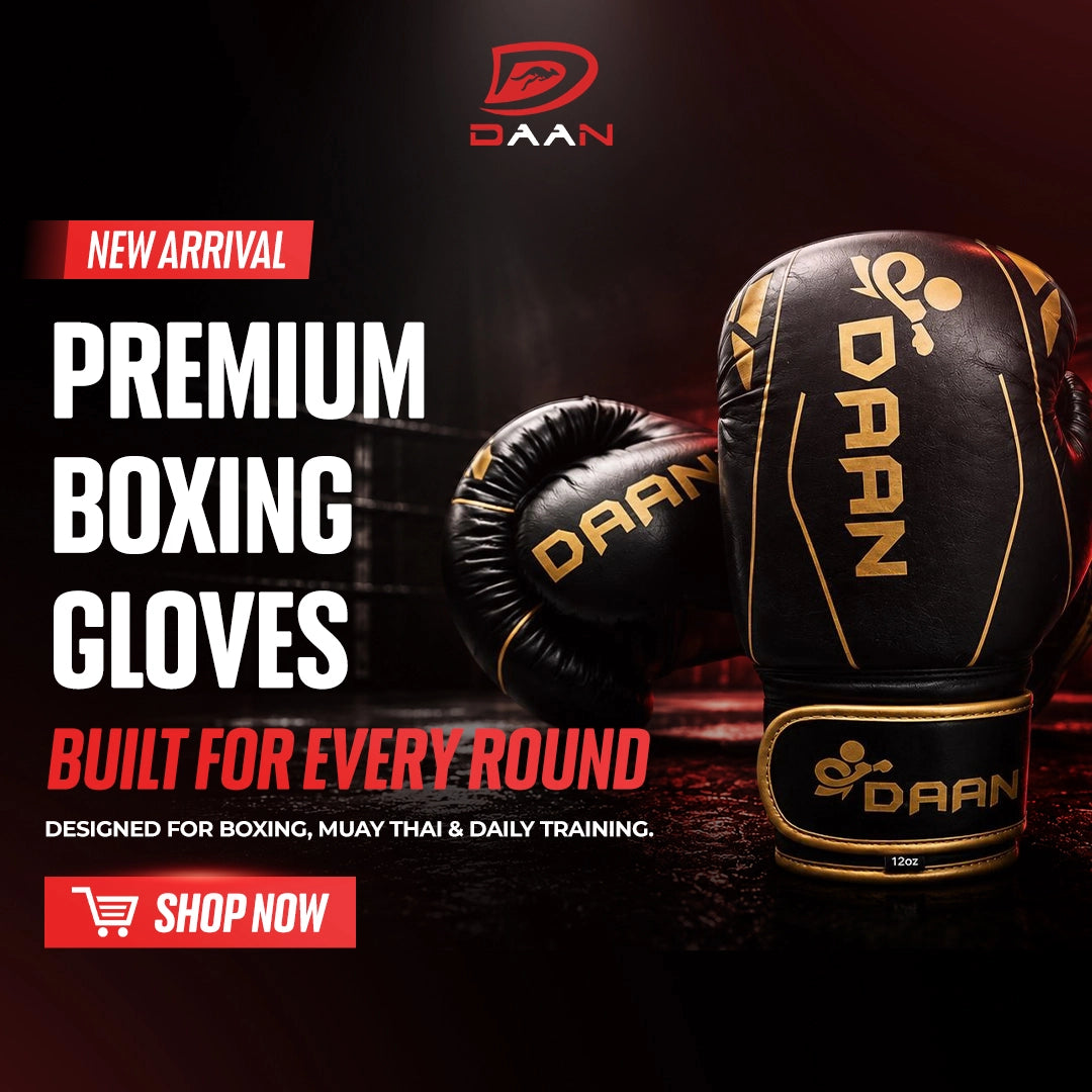 DAAN premium black and gold boxing gloves promotional banner for boxing, Muay Thai and daily training.