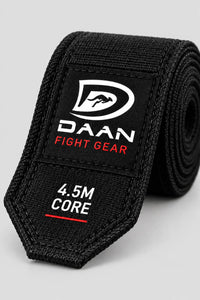 Black DAAN Core 4.5m boxing hand wrap, detail of the DAAN Fight Gear woven label and stitched edges