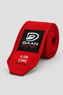 DAAN Core 4.5m boxing hand wraps in red, close-up of the pointed tail with DAAN Fight Gear label