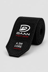 DAAN Core 4.5m boxing hand wraps in black, close-up of the pointed tail with DAAN Fight Gear label