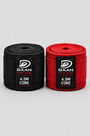 Black and red DAAN Core 4.5m boxing hand wraps rolled side by side