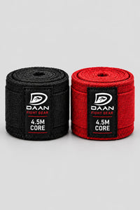 Black and red DAAN Core 4.5m boxing hand wraps rolled side by side