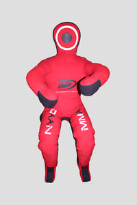 Red and black grappling dummy with branding on a gray background