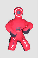 Red martial arts dummy with black accents on a gray background