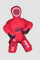 Red and black bjj gi with brand logo on a gray background