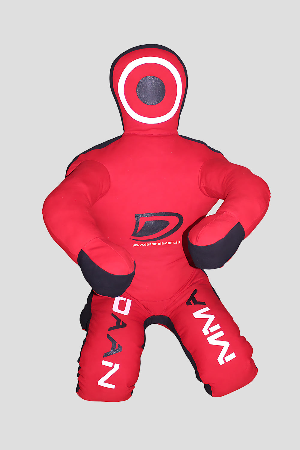 Red and black MMA training dummy with visible branding on a gray background