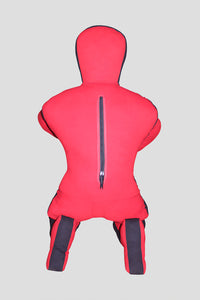 Red baby bouncer with black accents on a gray background