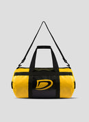 Yellow and black duffel bag with a logo on a gray background