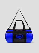 Blue duffel bag with black accents on a gray background