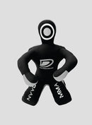 Black and gray training dummy with a logo on a light gray background