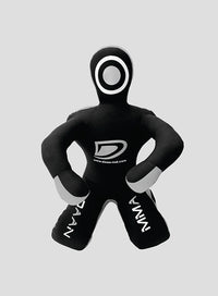 Black and gray training dummy with a logo on a light gray background