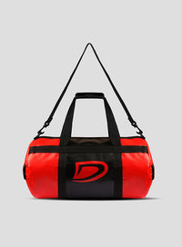 Red and black duffel bag with a brand logo on a gray background