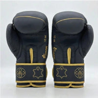 DAAN Apex boxing gloves back-to-back, matt black and gold cuff detail