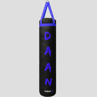 Black punching bag with blue text and 'MMA' logo on a gray background
