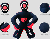 Black and red training dummy with features highlighted on a gray background