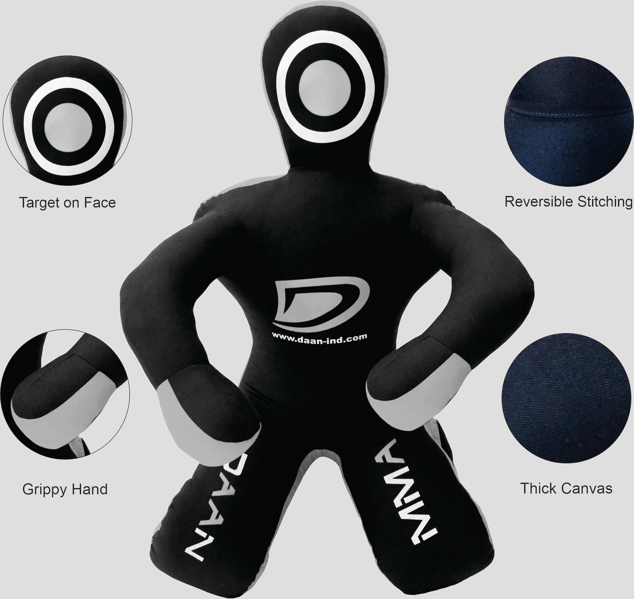 Black and gray training dummy with features highlighted on a white background