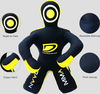 Black and yellow training dummy with features highlighted on a gray background