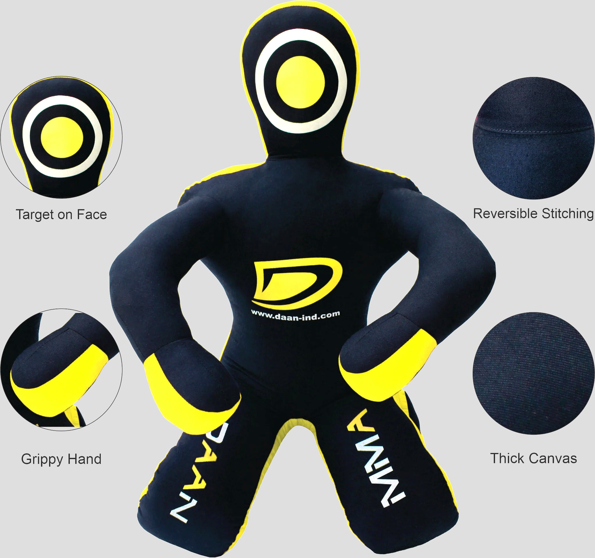 Black and yellow training dummy with features highlighted on a gray background